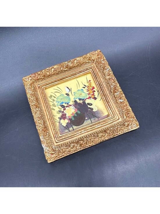 Other - Vintage Miniature Floral Painting Ornate Gold Frame Wall Hanging Blue Flowers